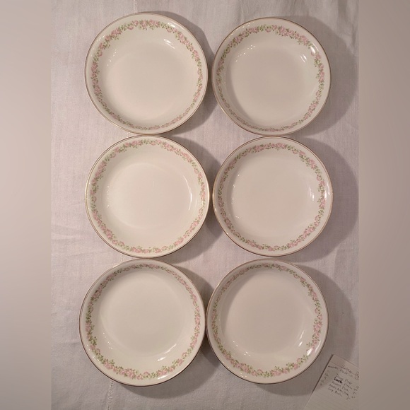 6 Vintage 8”  white soup bowls - Pope & Gosser China pink & green flowers USA - Picture 1 of 12